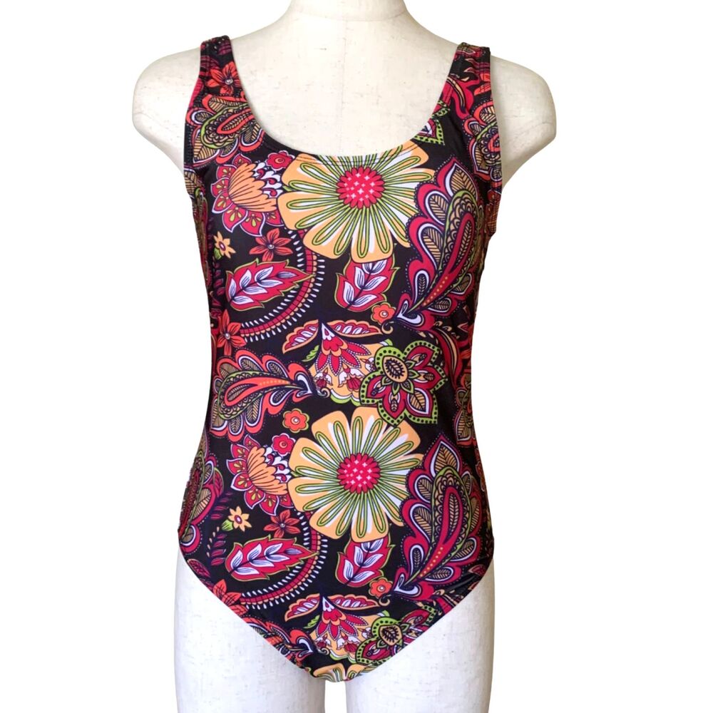 Nicole Miller Floral Paisley One-Piece Swimsuit – Retro Boho Print Size M